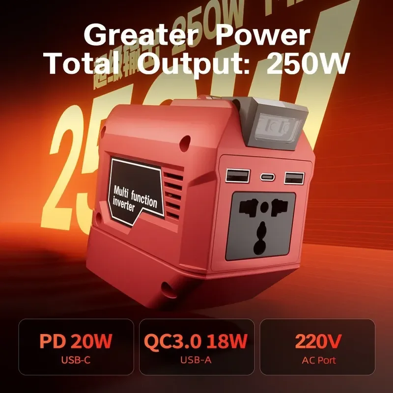 DC18V 20V to 110V 220V 250W Lithium Tool Battery Inverter, Built-in PD 20W Fast Charge Port