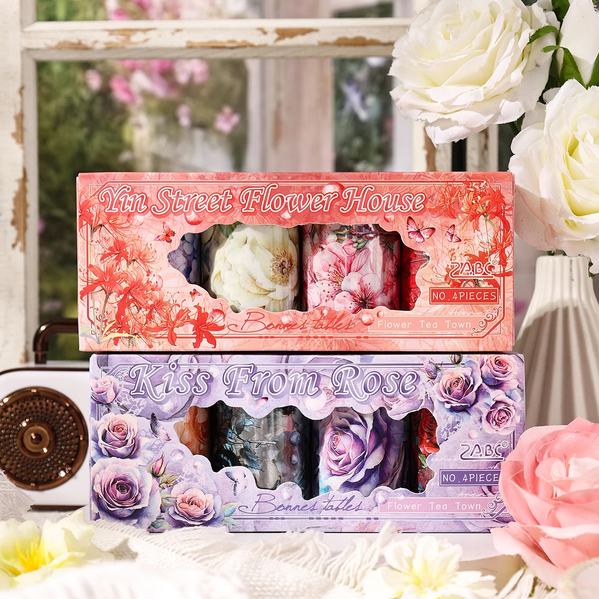 4 لفات/صندوق، شريط زهور رومانسي، مناسب للكتب اليدوية التي تصنعها بنفسك، والعناصر، وديكور تغليف الهدايا، ومستلزمات الديكور الرائعة