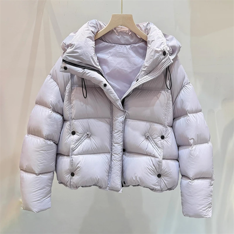 2025 شتاء جديد المرأة سميكة الدافئة الأبيض بطة أسفل مقنعين سترة Y2K جودة عالية موضة نفخة قصيرة سترة منفوخة