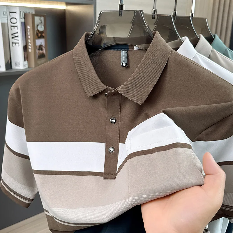 Classic Men Contrast Striped Polo Shirt Short Sleeve Lapel Collar Chest Pocket Button Front Casual Business Work Tops
