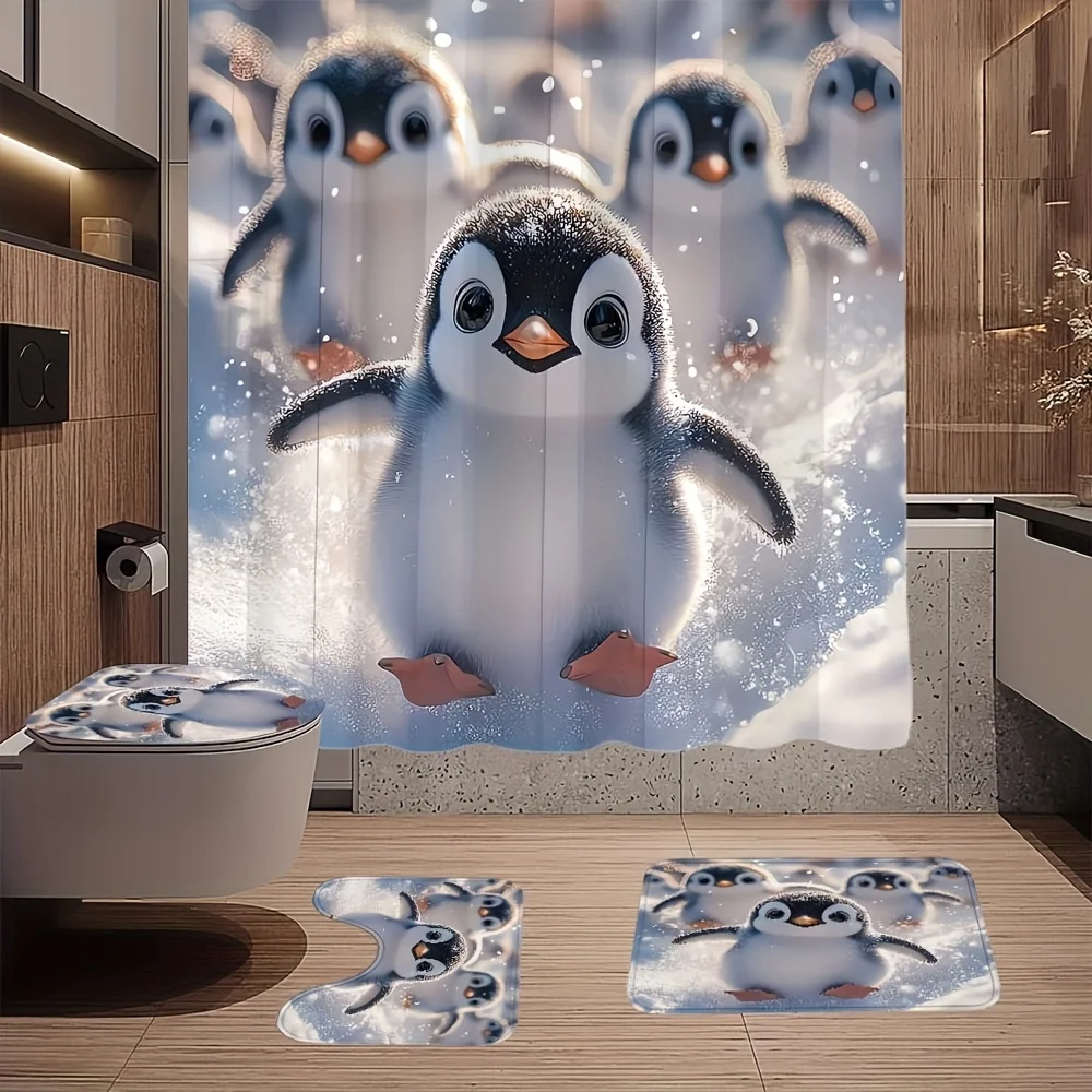 

1/4 шт. занавески для душа с рисунком пингвинов, комплект занавесок для душа, полиэстеровая занавеска для душа с 12 крючками, нескользящий коврик для пола, U-образный коврик для туалета