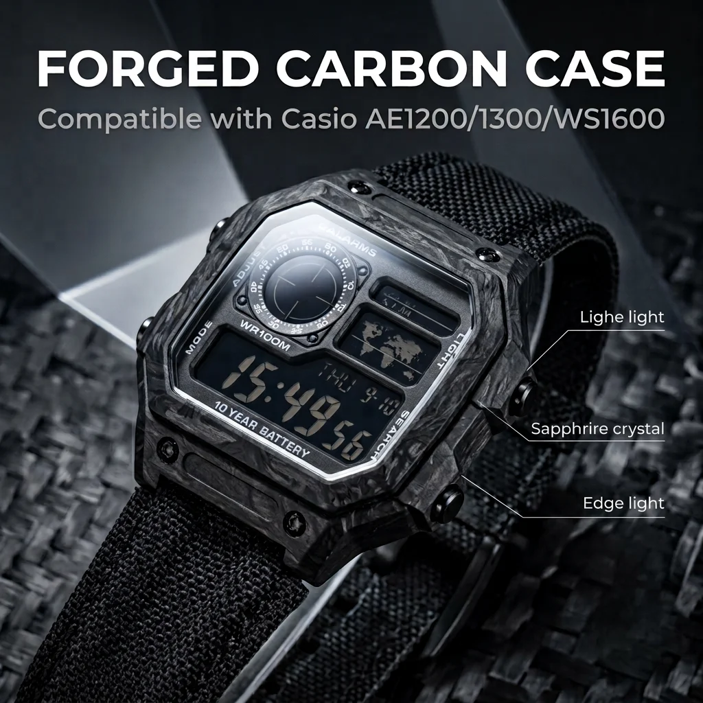 NTPT Forged Carbon Fiber Royale Mod Compatible with CASIO AE1200 AE1300 WS1600 Watch Case Sapphire Glass Faceplate Combo Kit