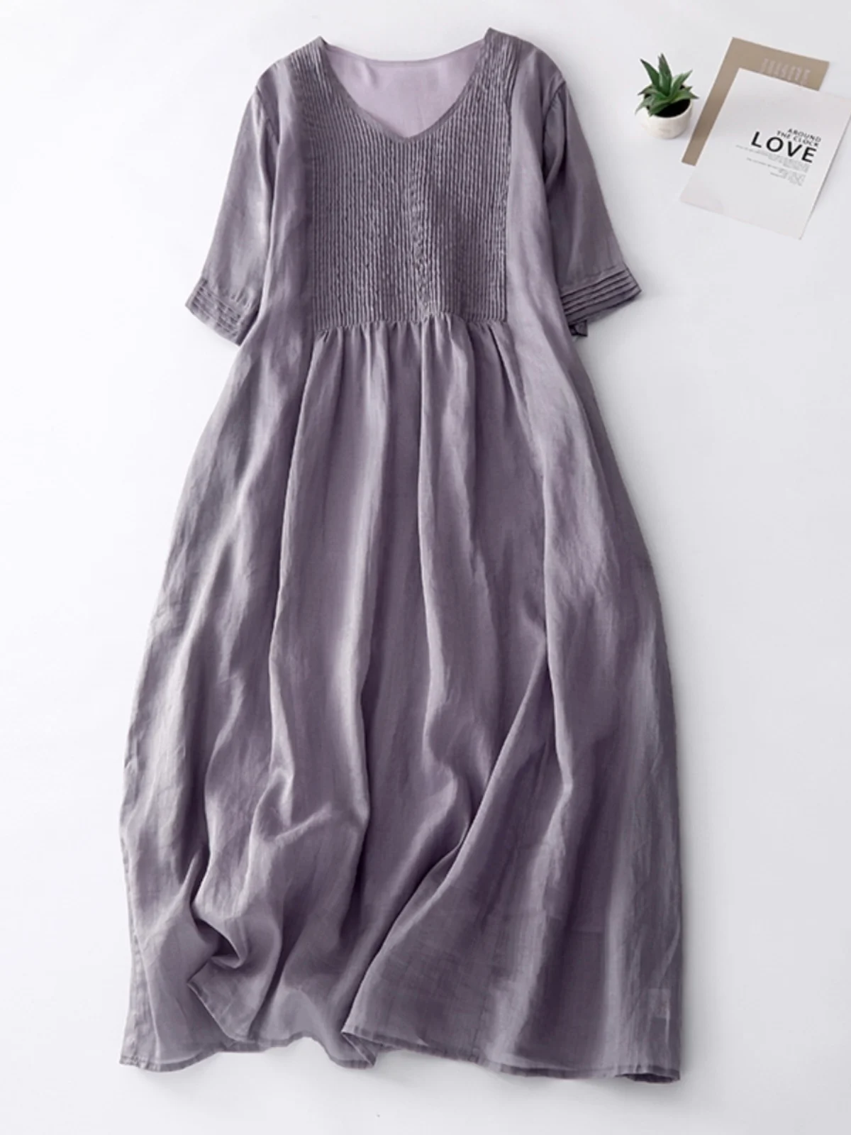 Vestido de Lino de Aodón de Marca Japonesa Artística, Hoado, con Pliegues en Acordeón, Manga Media, Estilo Vintage, Falda...