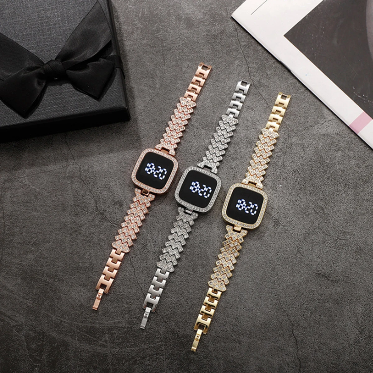 Women Square Diamonds Alloy Led Watch Light Luxury Ladies Electronic Watches Accessories