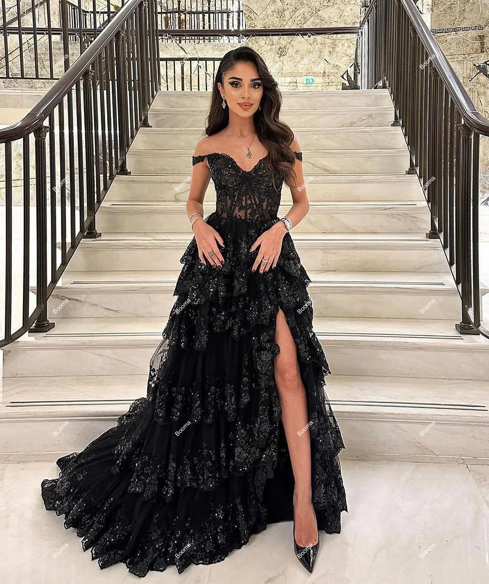 Booma Black Shiny Prom Dresses Off Shoulder Tiered Wedding Party Dress High Side Slit Evening Gown A-Line Long Celebration Dress