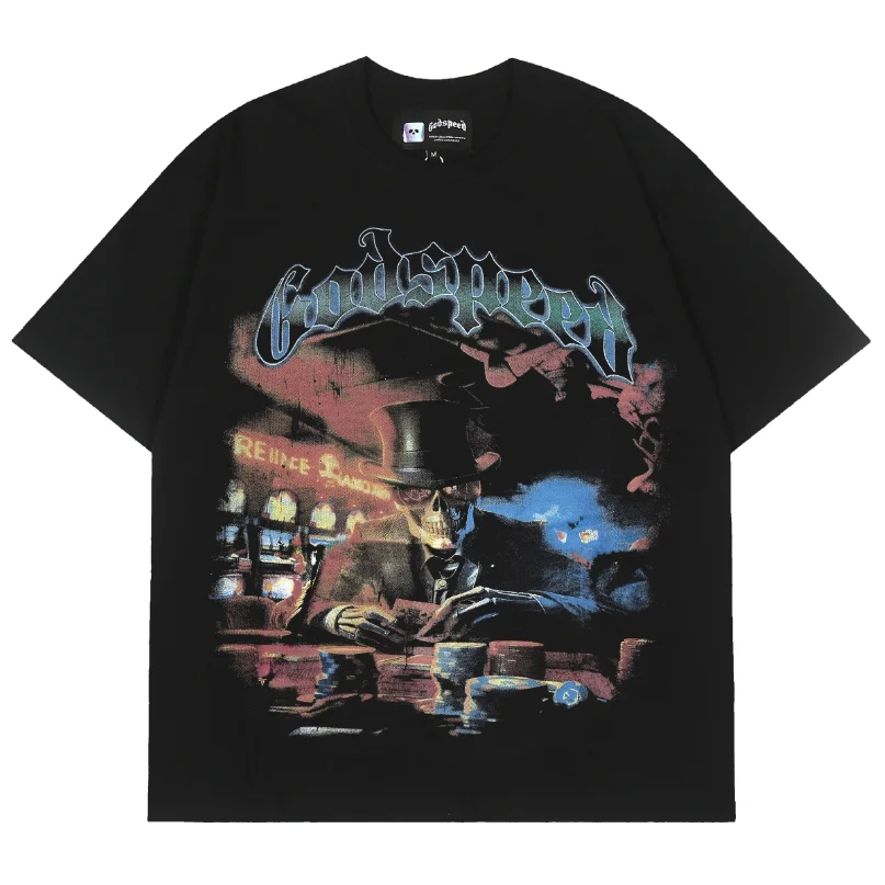 Godspeed American Retro Skeleton Hand Print Trendy Streetwear Rock Hip Hop Pure Cotton Short Sleeve T-Shirt Youth Popular Loo...