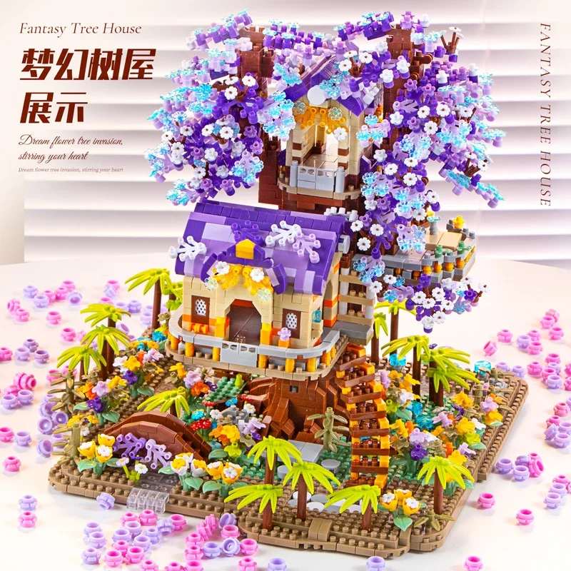 Ładna Sakura domek na drzewie Diy mikro diamentowy Model bajkowy świat klocki kreatywne wewnętrzne dekoracje dla dorosłych zabawka dla dzieci