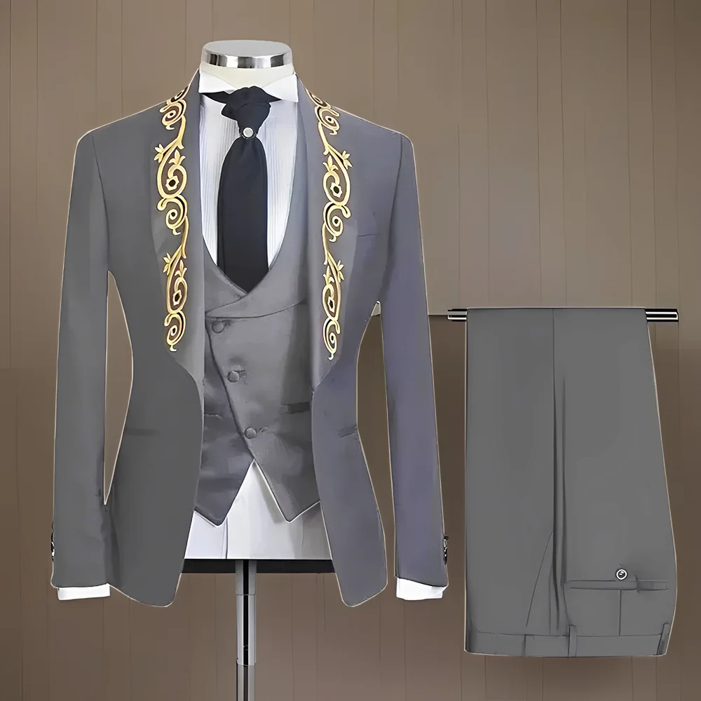 Italian Suits For Men Gold with Embroidery Shawl Lapel Slim Fit Wedding Groom Tuxedo 3 Pcs Costume (Jacket + Vest + Pants) 2026