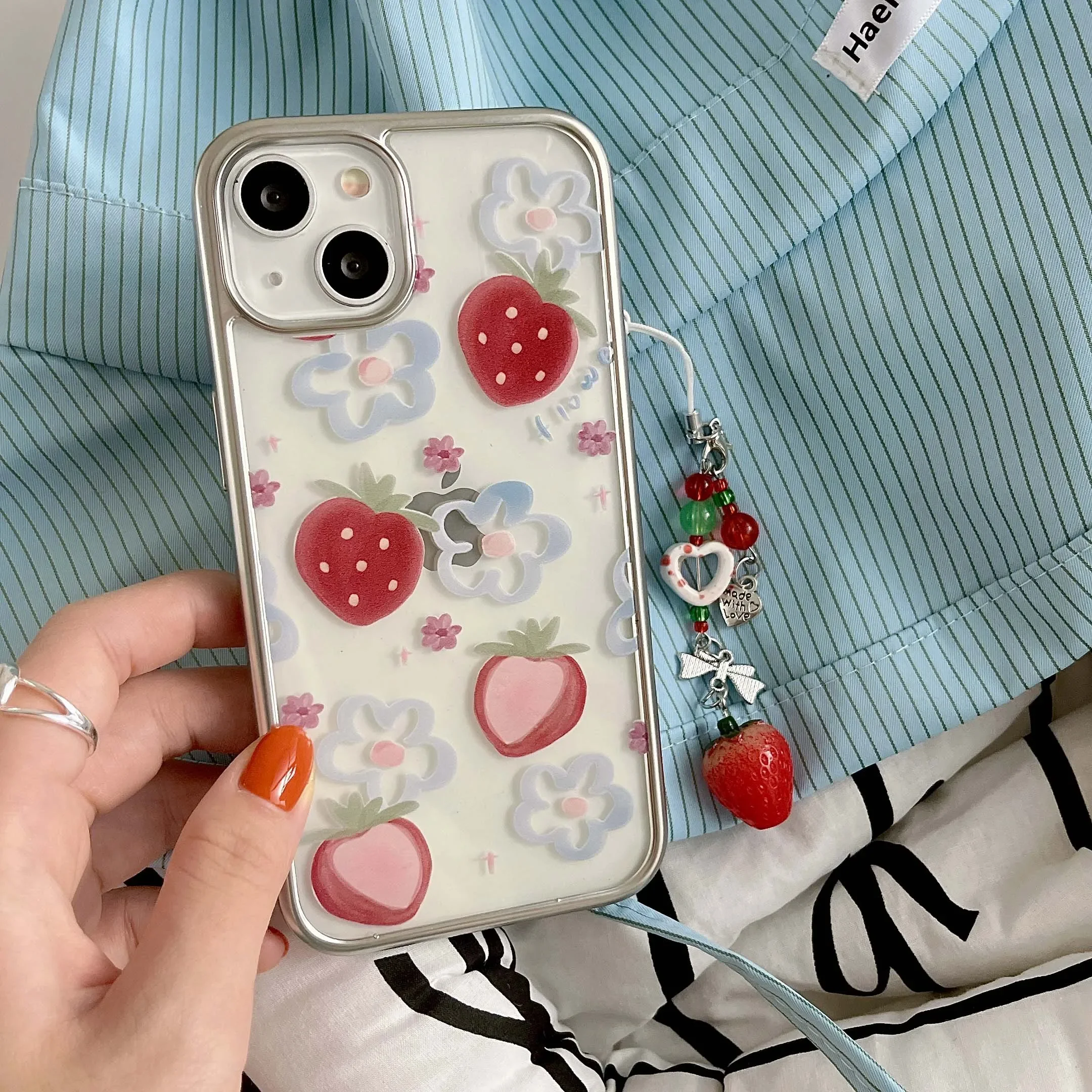 Ins Stylish Silvery Plating Strawberry Flower Phone Case For iPhone 16 15 14 13 12 11 Pro XS Max 7 8 Plus Y2K Creative Cover