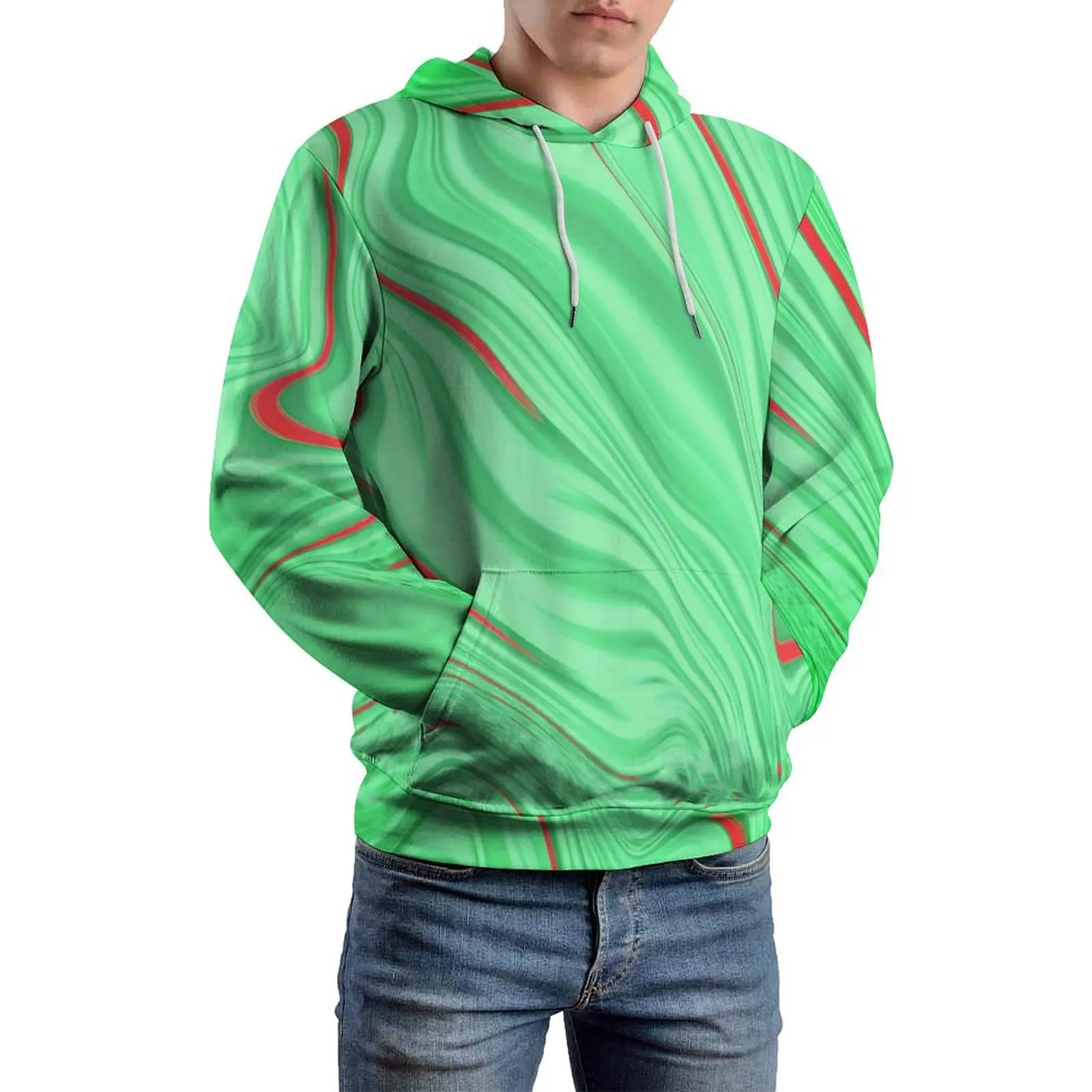 Green Curve Loose Hoodies Abstract Print Classic Pullover Hoodie Male Long Sleeve Elegant Custom Sweatshirts Big Size