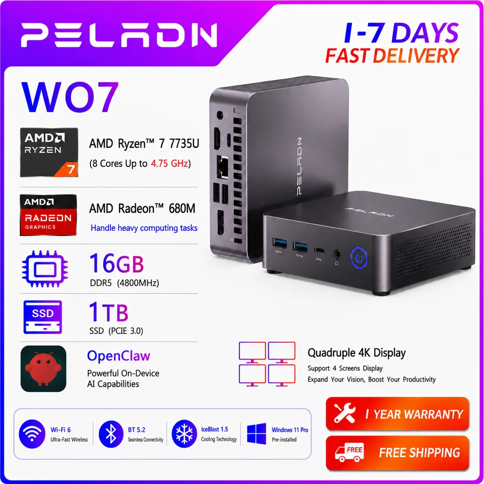 PELADN WO7 Mini PC AMD Ryzen 7 7735U (8C/16T, up to 4.75Ghz) 16GB