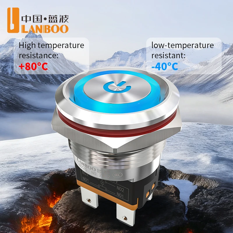 LANBOO LB22C Metal Pushbutton Switch—15A High Current—Momentary/Latching.Stainless Steel/Black Anodized Aluminum Options