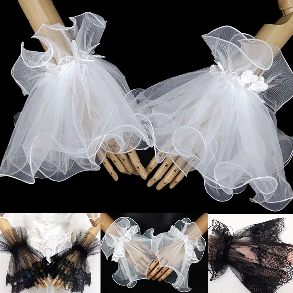 Wedding Cuffs Women Gothic Lace Mesh Stretch Horn Winkle Ruffle Fake Sleeves Detachable Party Bride Wristband Wrist Gloves