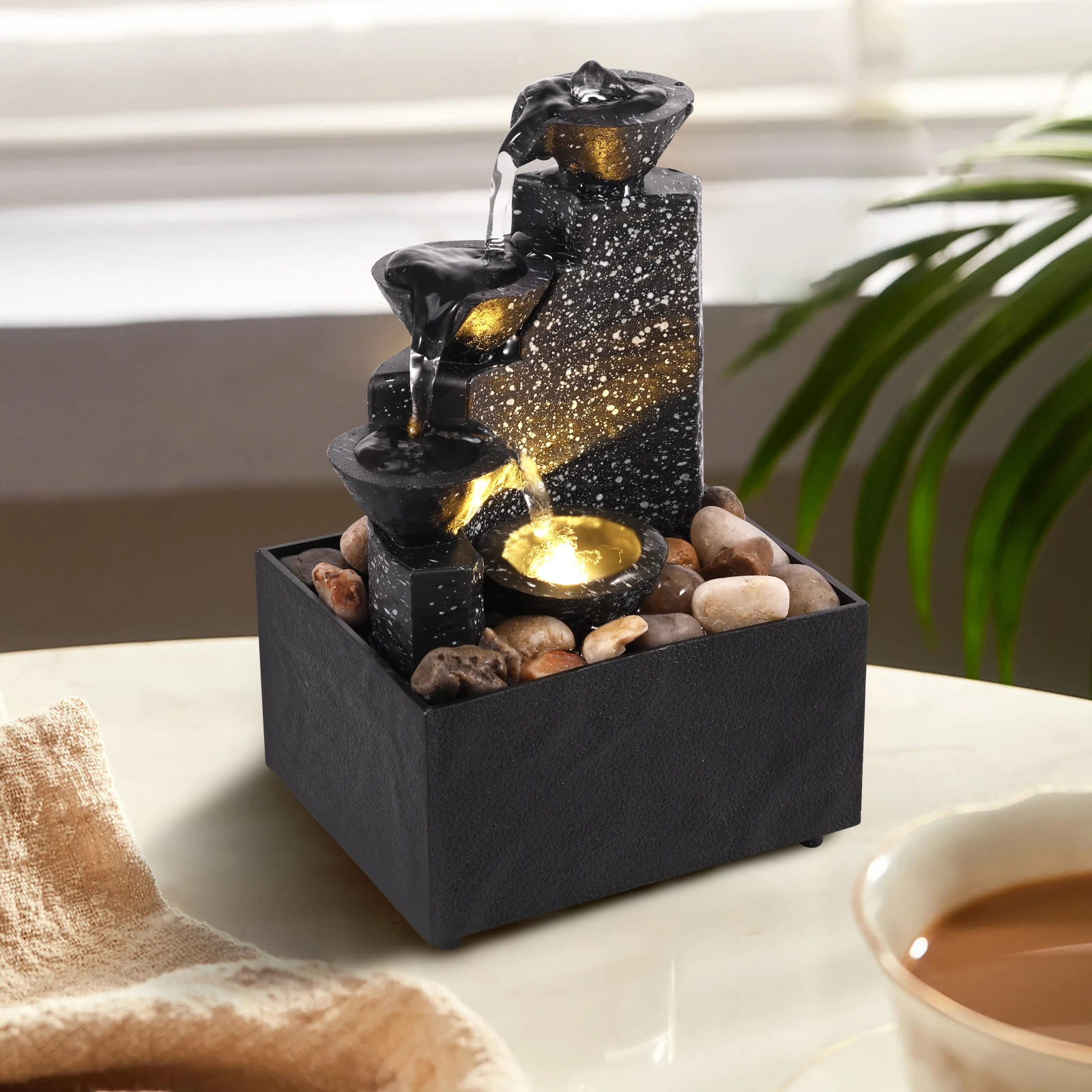 Tabletop Fountain Water Circulating LED Ring Lights Decor Flowing Water Ornaments Waterfall Craft Decor for Home Office