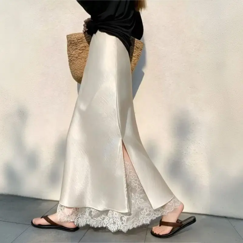 Summer New Acetate Satin A-Shaped Skirt with Side Split Lace Splicing Temperament Fishtail Design