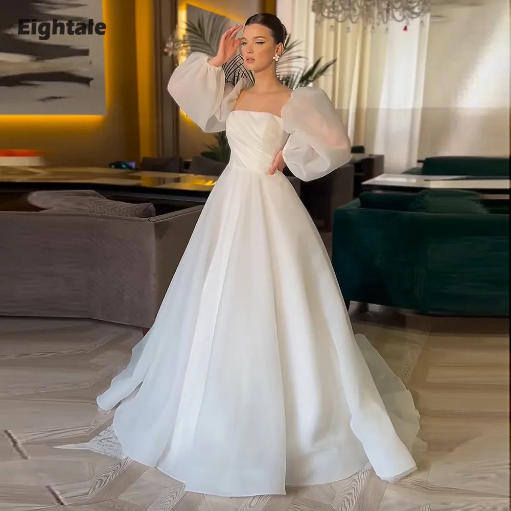

Eightale Arabic Wedding Dresses Strapless Customized Long Puffy Sleeves Ivory A-Line Bridal Gowns Vestidos De Novia