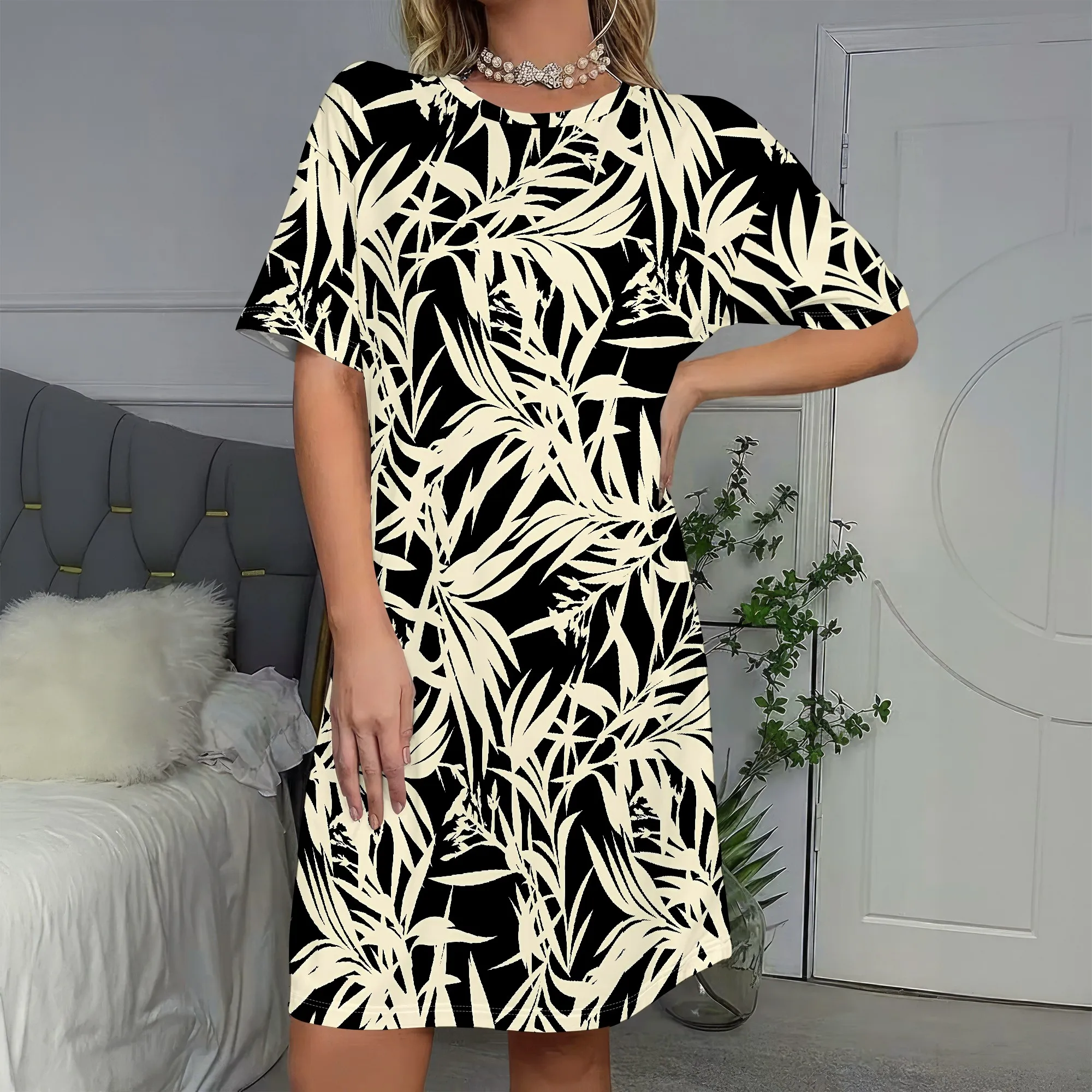 Tropical Print Dress, Short Sleeve Shift Dress, Black & Cream Botanical Pattern, Summer Beach Wear, S-2XL