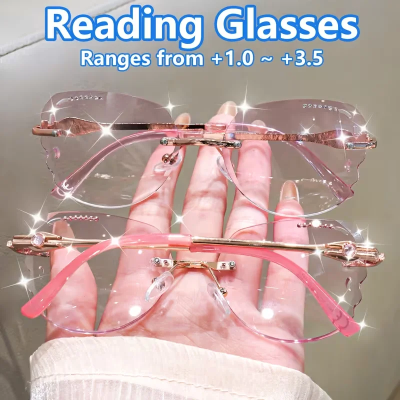 Rahmenlose, ultraleichte Lesebrille +1,0-3,5 mit modischem Diamantschliff-Design für Damen, geeignet für die tägliche Dekoration