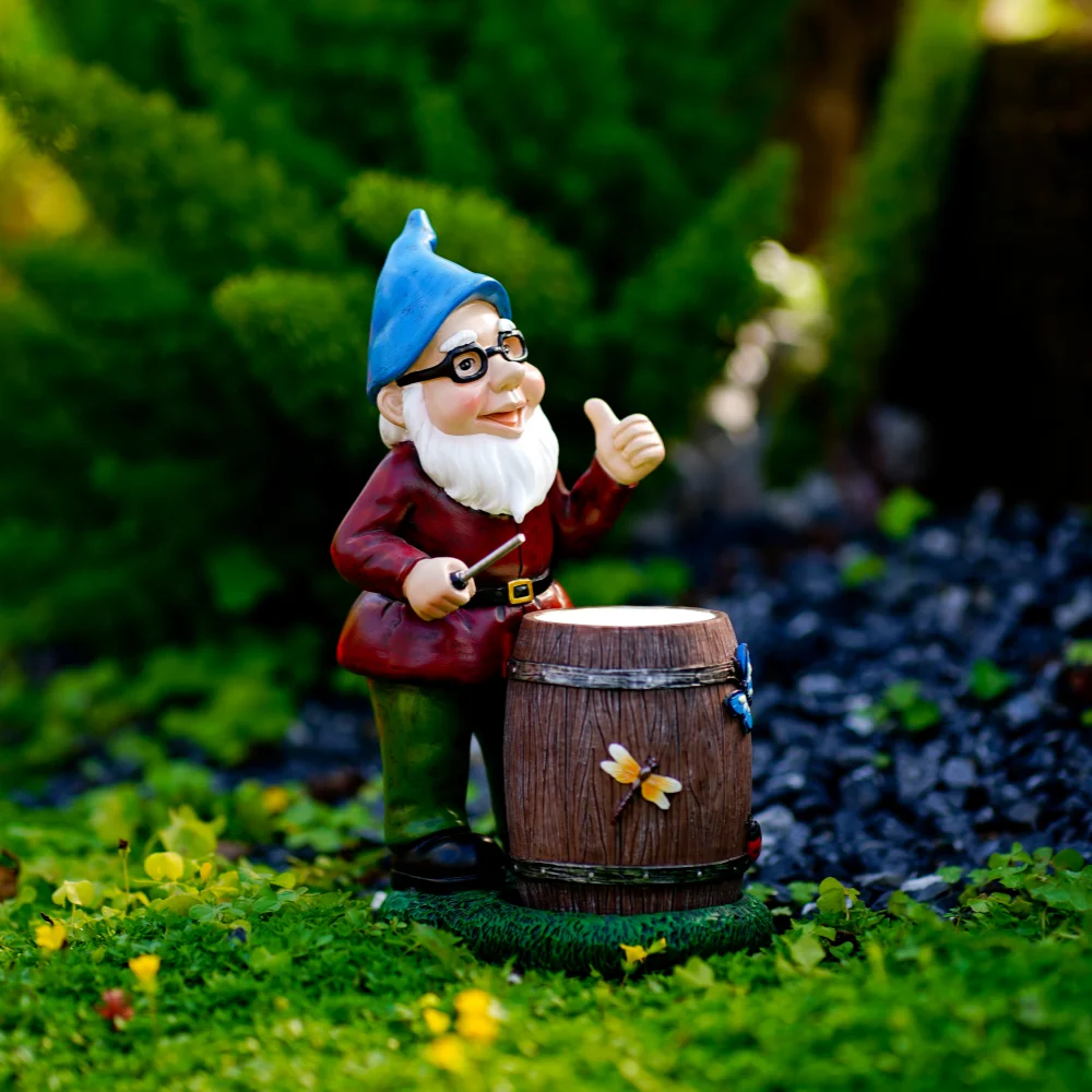 

23.5cm Night Light Fluorescent Drum Beating Dwarf Ornament Garden Decor Landscape Resin Character Art Crafts Collectibles Statue