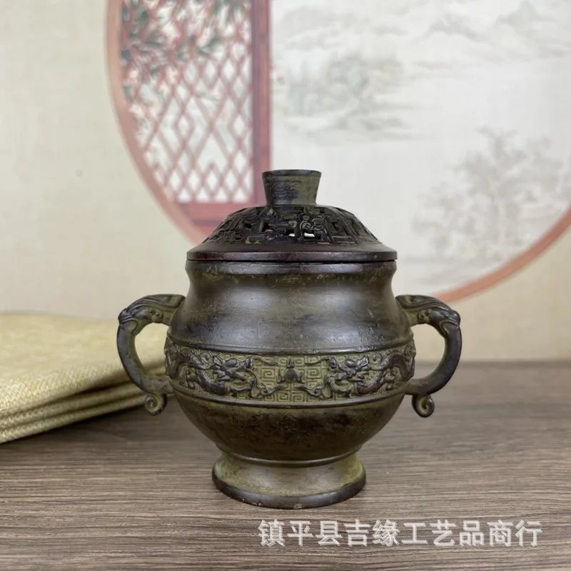 Antique-style double-dragon incense burner ornament for home use, decorative craft item