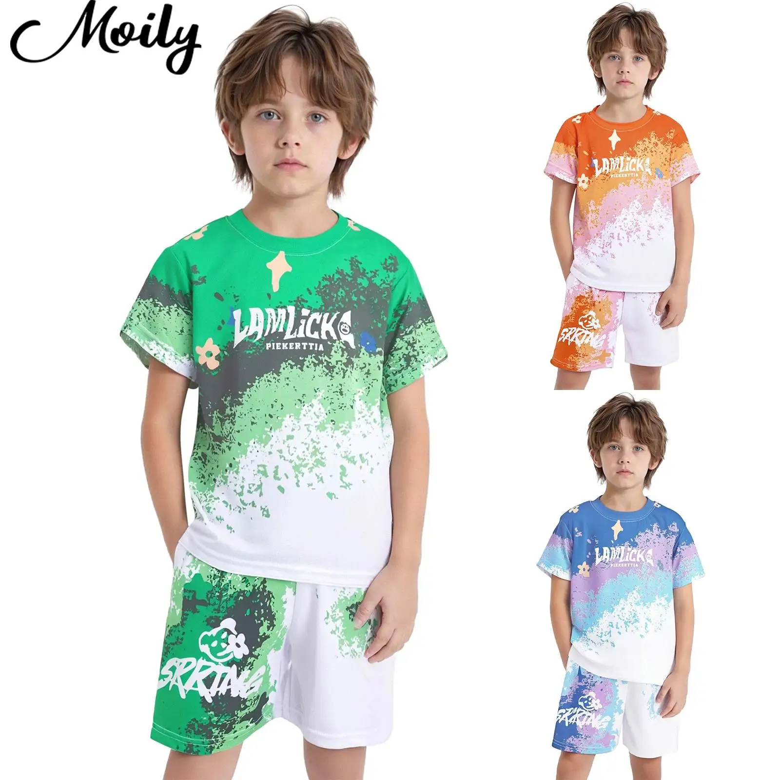 

Children Boys Fashion Gradient Stretchy Sports Set Quick-Drying Athletic Outfit Short Sleeve T-shirt with Shorts Sportswear Set