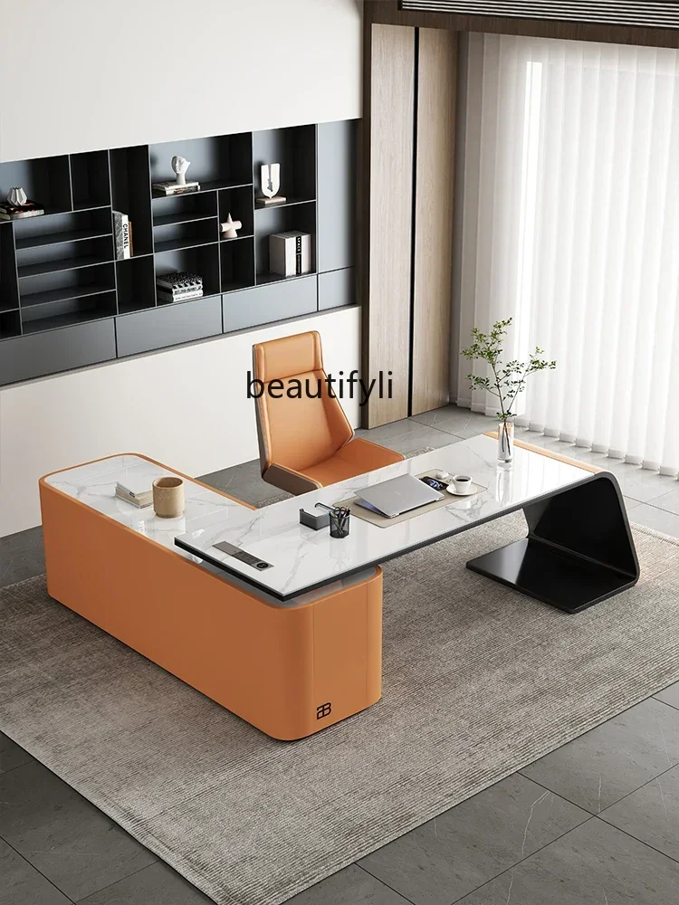 LXMinimalist Stone Plate Study Computer Table and Chair Set Light Luxury Modern Writing Desk Medical Beauty ConsultingSSS