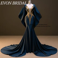 EVON BRIDAL Navy Blue Vintage Evening Dresses Deep V-Neck Satin Formal Occasion Party Batwing Sleeves Mermaid sukienki imprezowe