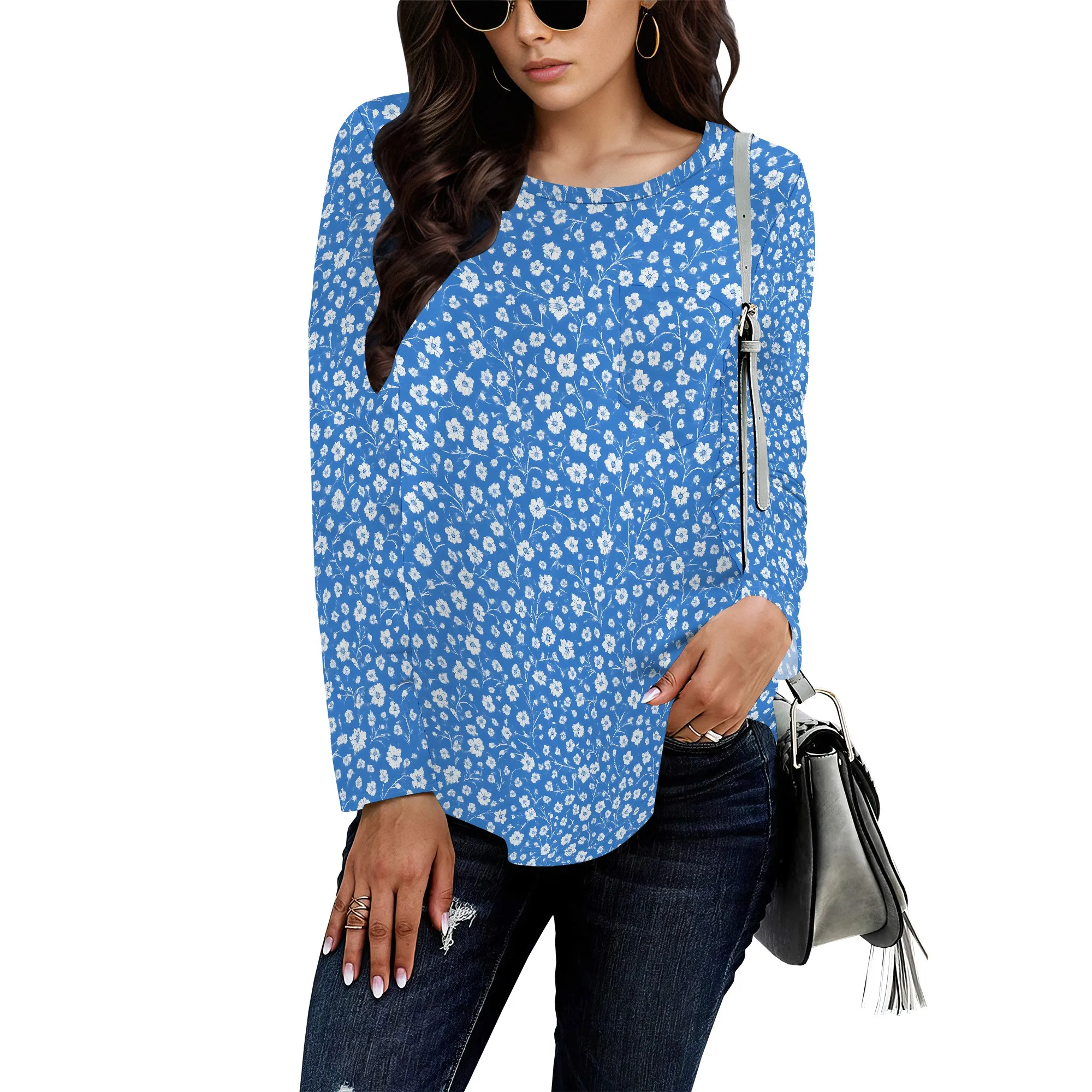 Floral Retro Style A Crewneck Sweatshirt for Women - Fall Winter Fashion Outfits Tops for Women