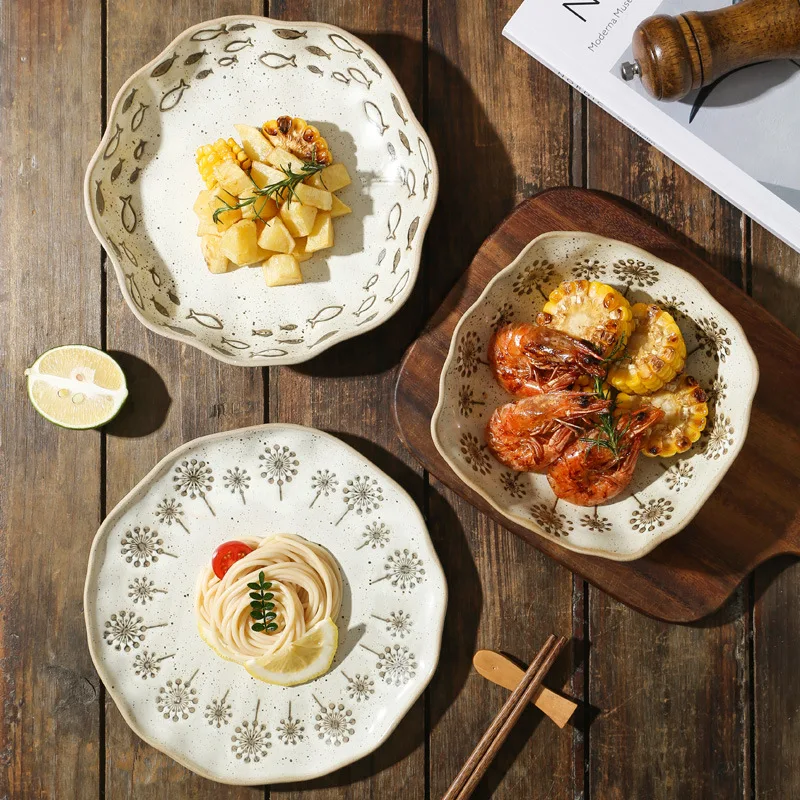 Japanese Style Coarse Pottery Plates, Underglaze Colored Household Dishes Pasta Plates, Commercial Specialty Ceramic Tableware