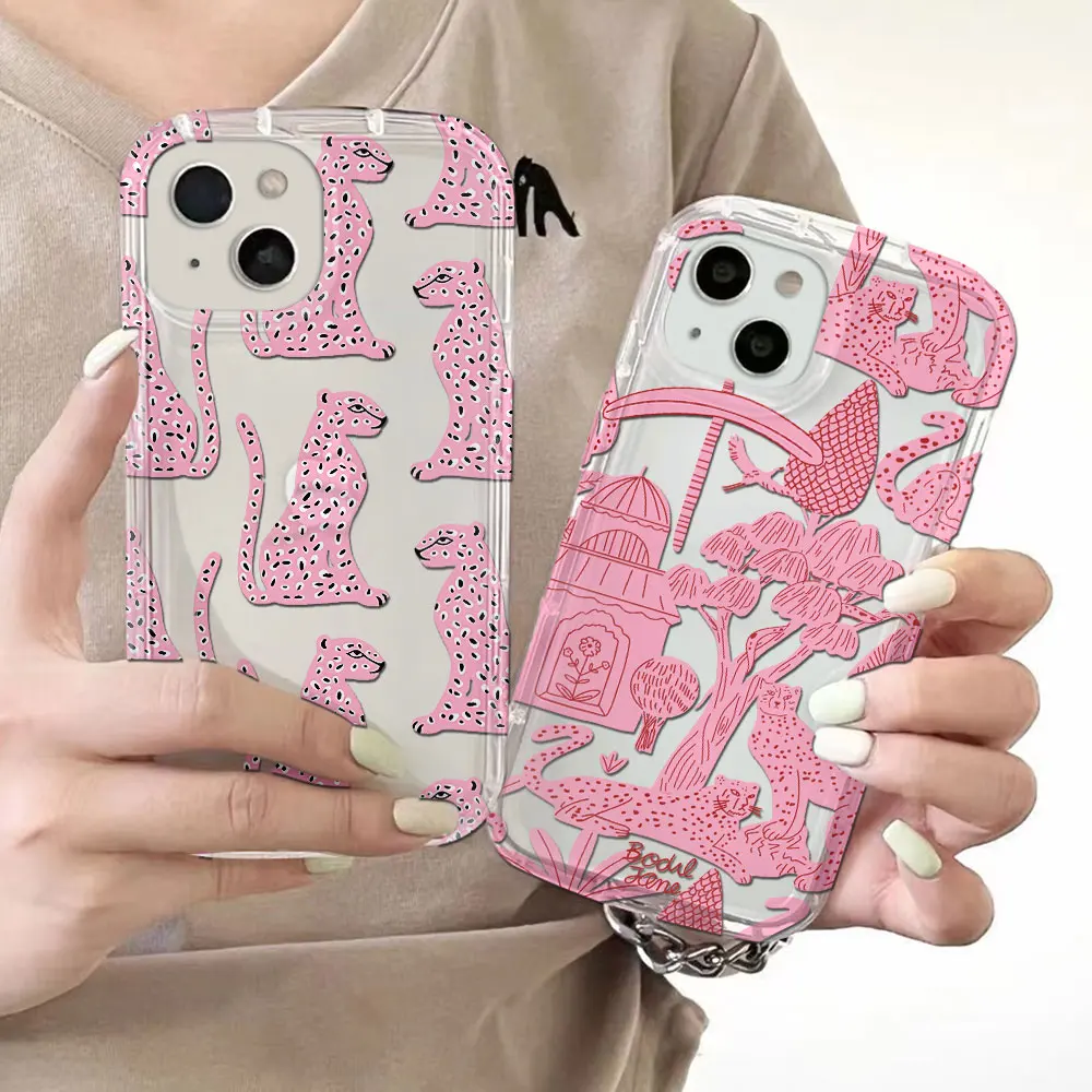 Fashion Pink Leopard Clear Case for IPhone 16 15 14 13 12 11 Pro Max 14 15 7 8 Plus X XR XS Max Airbag Shockproof Cover