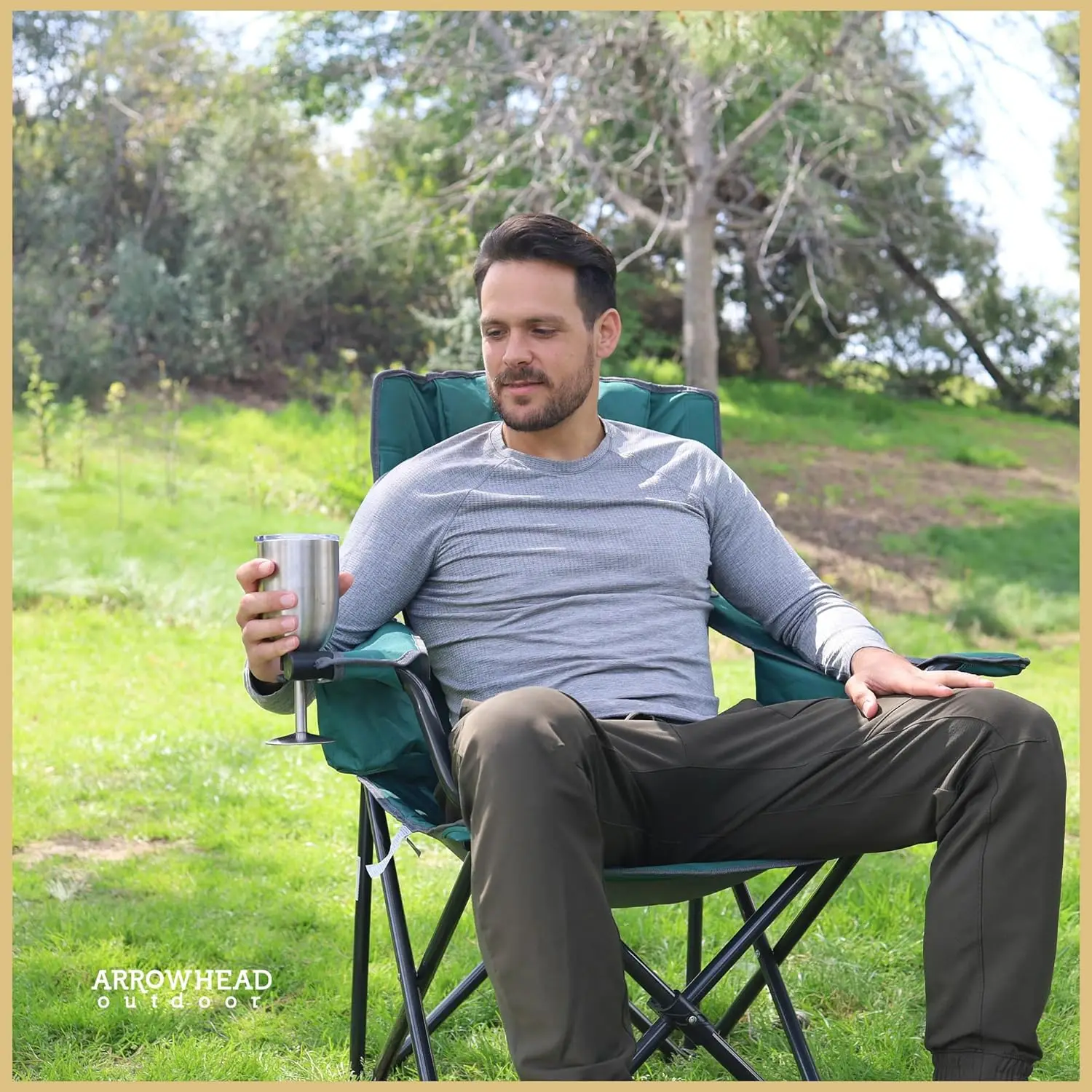 Portable Folding Camping Quad Chair w/ 6-Can Cooler, Cup & Wine Glass Holders, Heavy-Duty Carrying Bag, Padded Armrests,