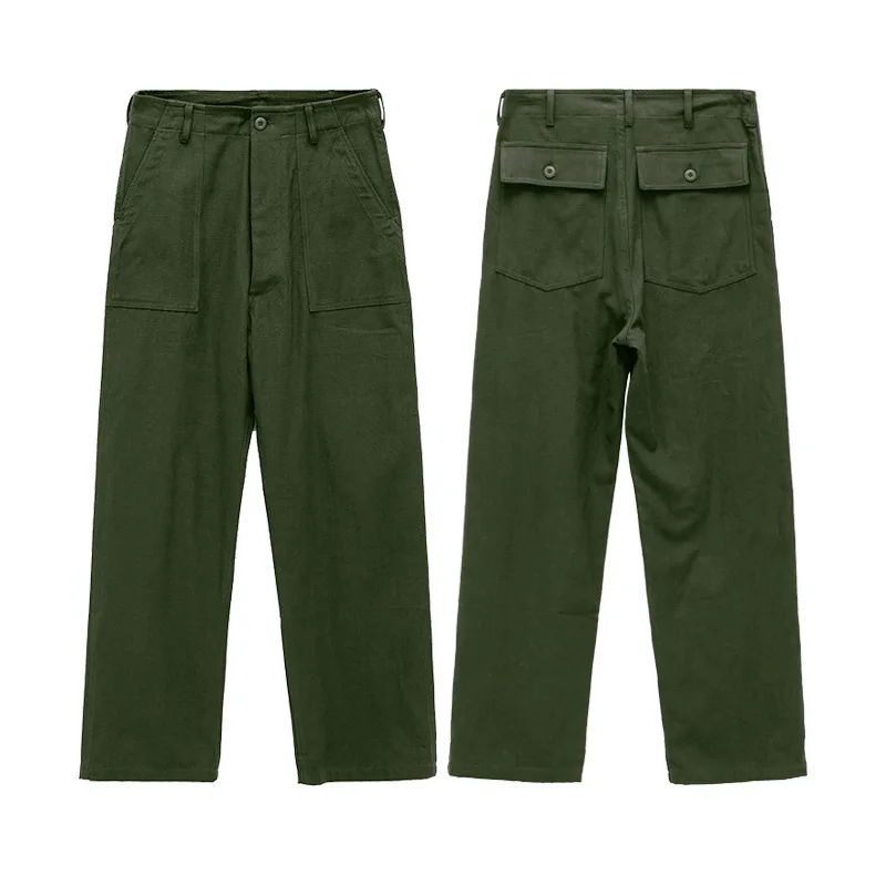 

1106 Fashion Green Vintage Straight Cargo Trousers Youth High Street Loose Casual Solid Color Simple Tooling Pants For Men