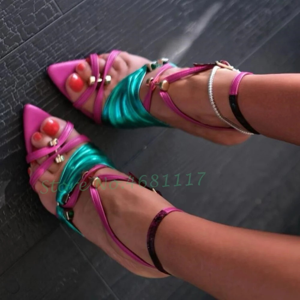 Neon Pink Color Strap Buckle Sandals Women Metal Rivets Heels Patent Leather Thin Heels Party Shiny Sandals 2022 Summer Shoes