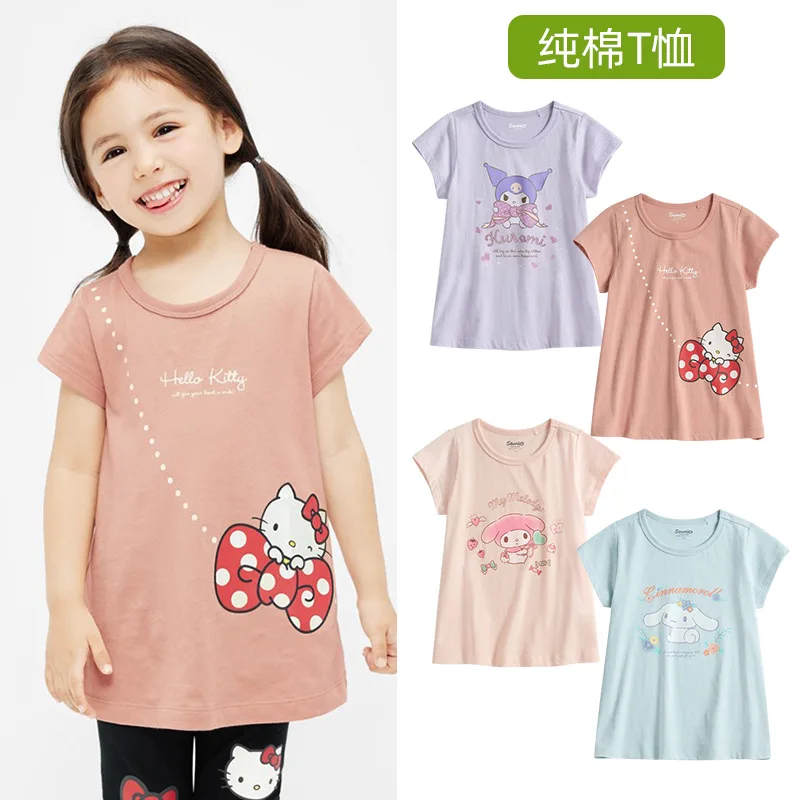 Kawaii Anime Melodie Cinnamoroll Kinderen Korte Mouwen Zomer Meisjes Katoenen T-Shirt Kuromi Anime Cartoon Print Tops Schattige Kinderkleding