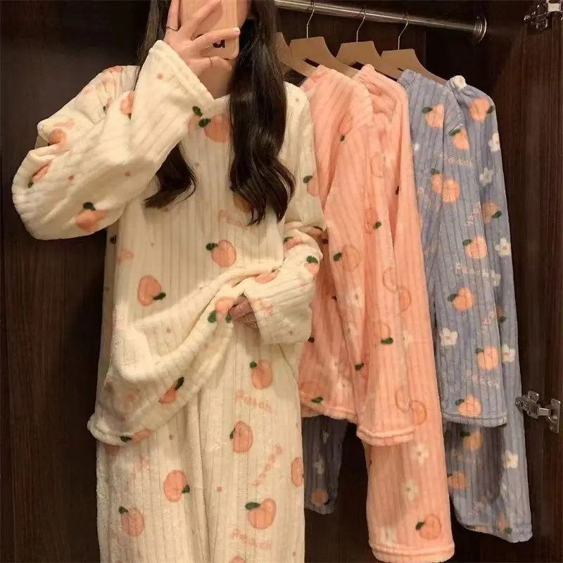 Autumn Winter Warm Flannel Fleecing Women\'s Pajamas Sets Coral Velvet Long Sleeve Cartoon Sleepwear Pants Sets Flannel Homewear