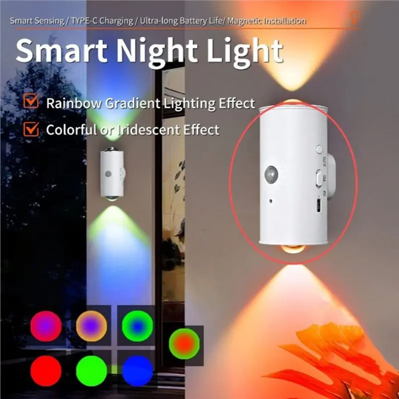 A63K-Motion Sensor With Auto On/Off 2 Pack Smart Cat Eye Dual Head Wall Light, 16 Colors, 3 M Range For Bedroom Hallway Stairs