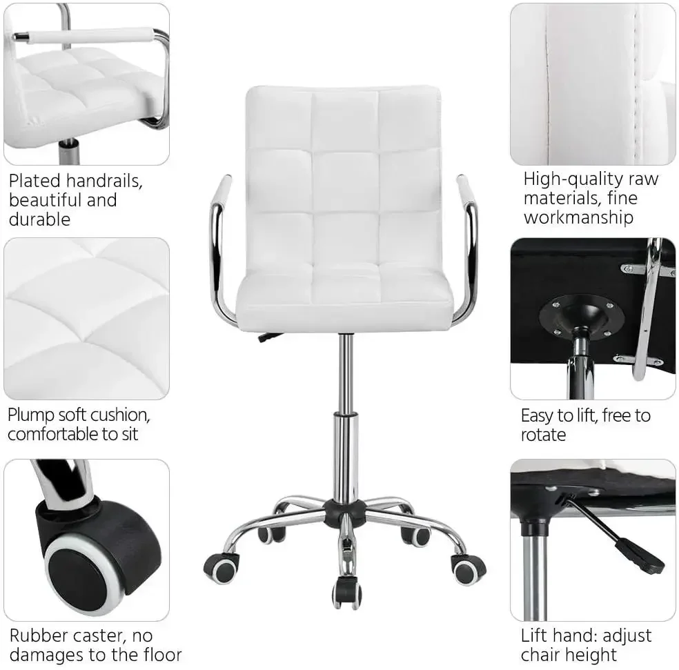 White Desk Chairs with Wheels/Armrests Modern PU Leather Office Chair Midback Adjustable Home Computer Executive Chair