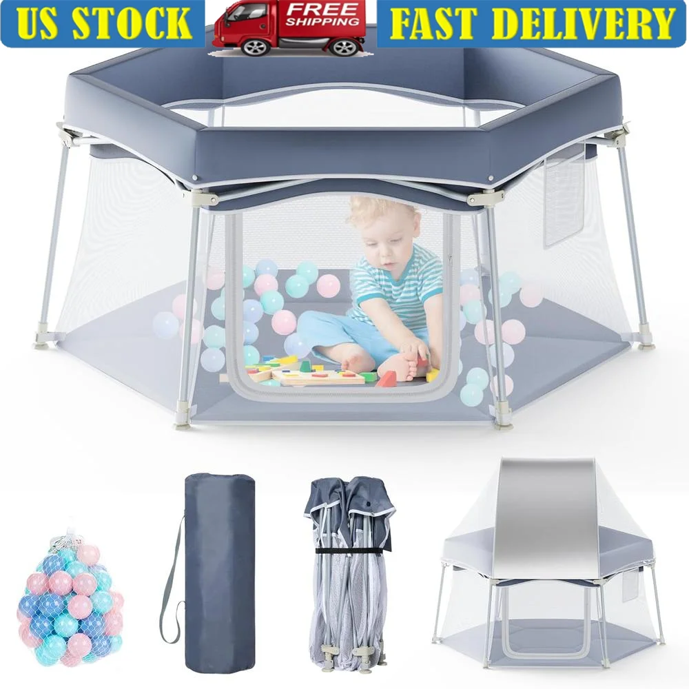 

Foldable Baby Playpen with Sunshade Portable Indoor Outdoor Play Yard Safe Space Toddlers Mesh Ventilation Travel Carry Bag
