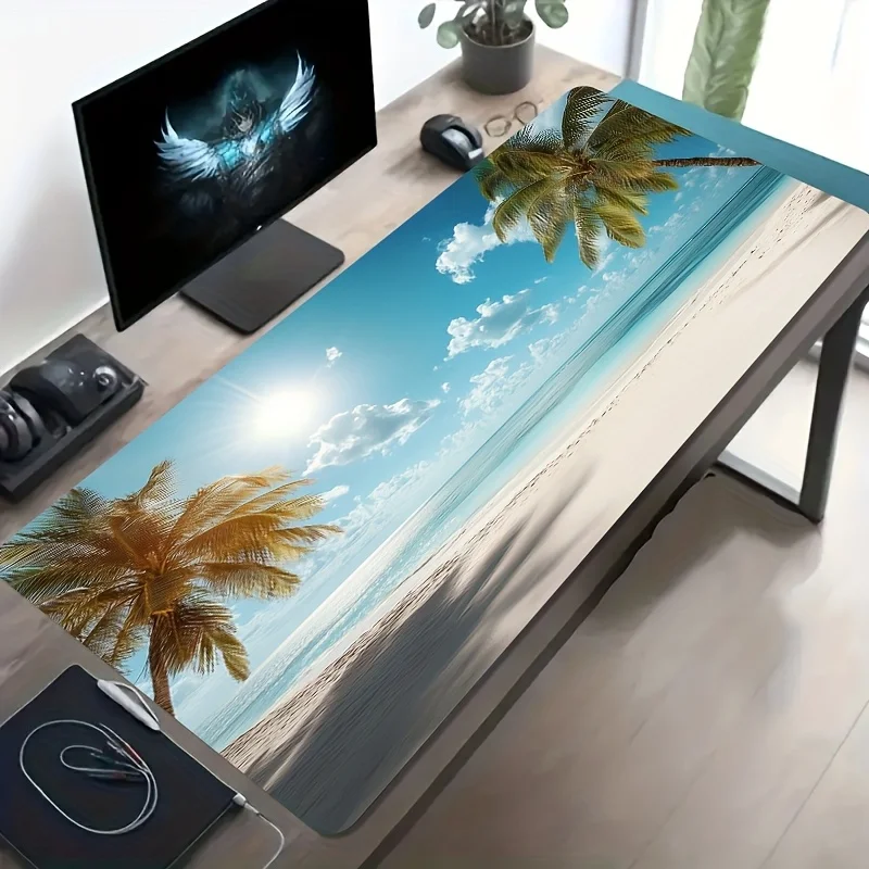 Large Gaming Mouse Pad, Fresh Vacation Design with Sunny Beaches and Palm Trees, Non-Slip Washable Rubber Base