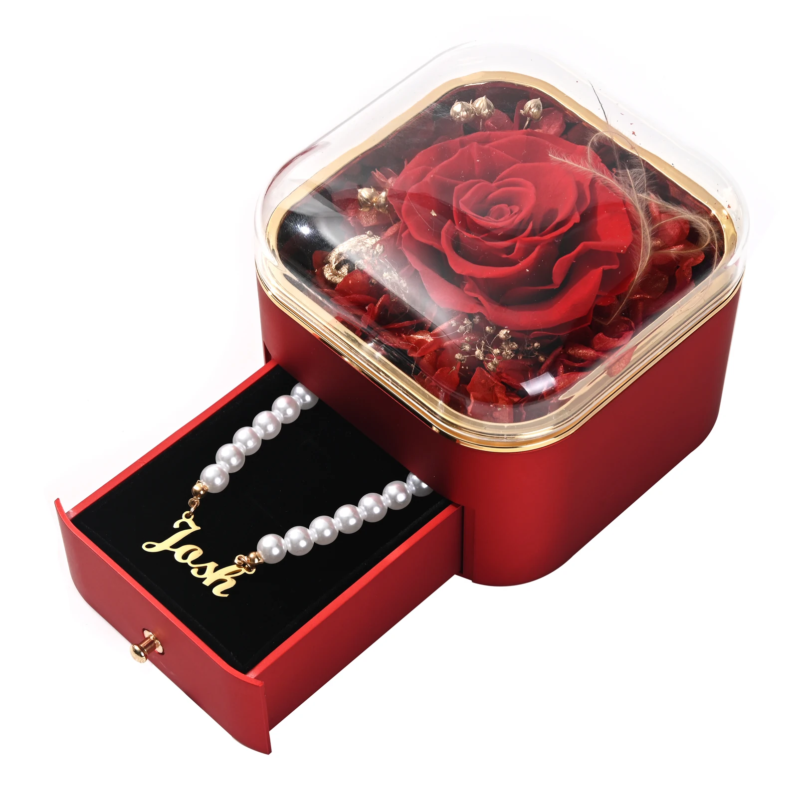 

Mother's Day Gift Eternal Rose Drawer Box Custom Name Plate Pendant Necklaces Imitation Pearl Chain Choker Collar REALROSE Boxes