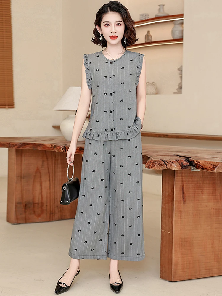 

New 2026 Women's Cotton Silk Wide Leg Pants Set Casual Style Artificial Cotton Slimming Fashionable Two Piece Set for Mom