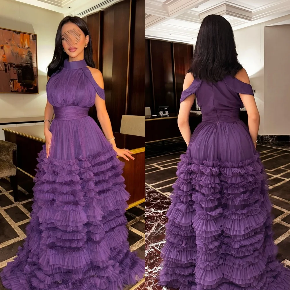

Customized Net Tiered Ruched High Collar Charming Purple A-line Floor-length Bespoke Occasion Prom Dresses Gorgeous Elegant