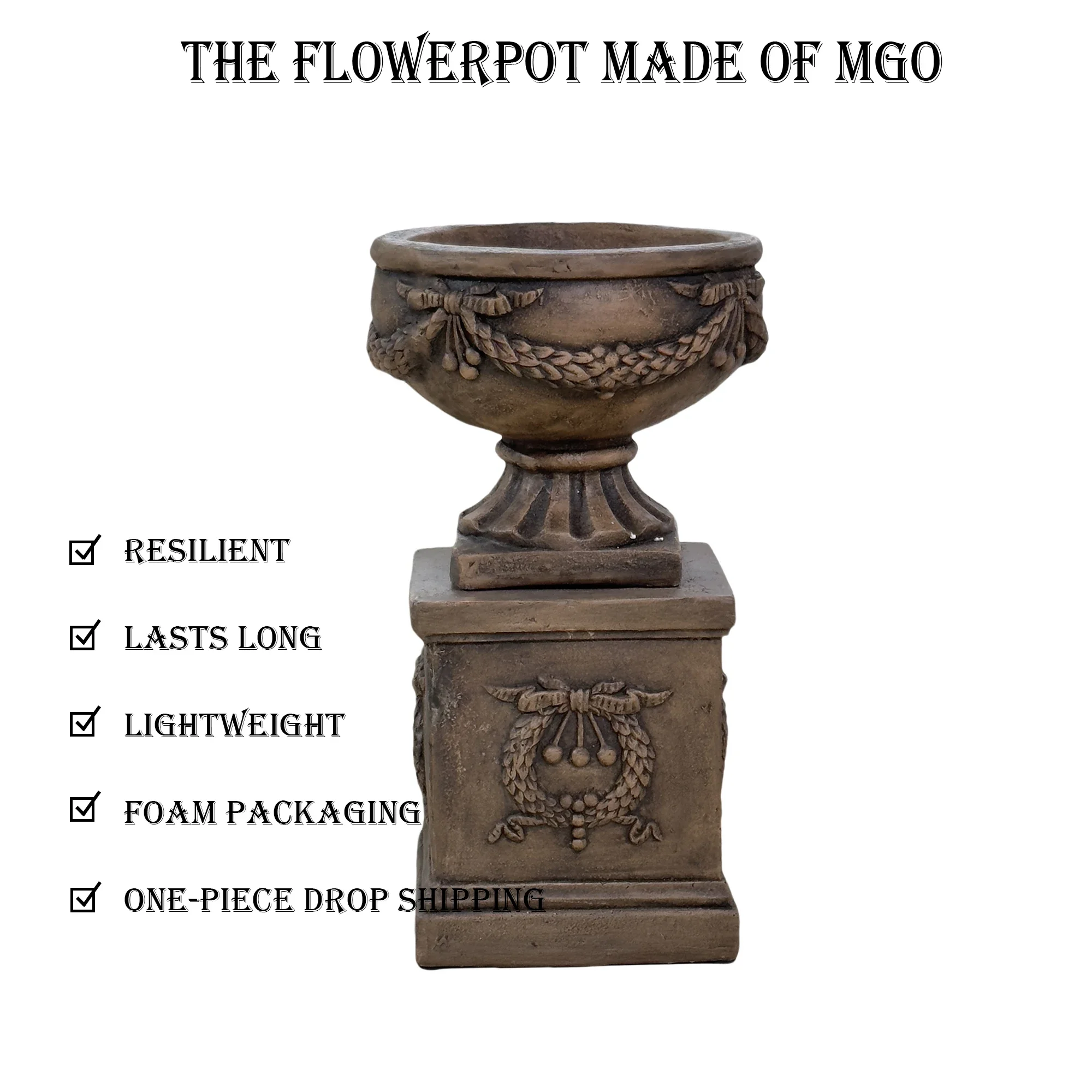 

Large vintage cast stone flower pots and Roman columns rusted finish