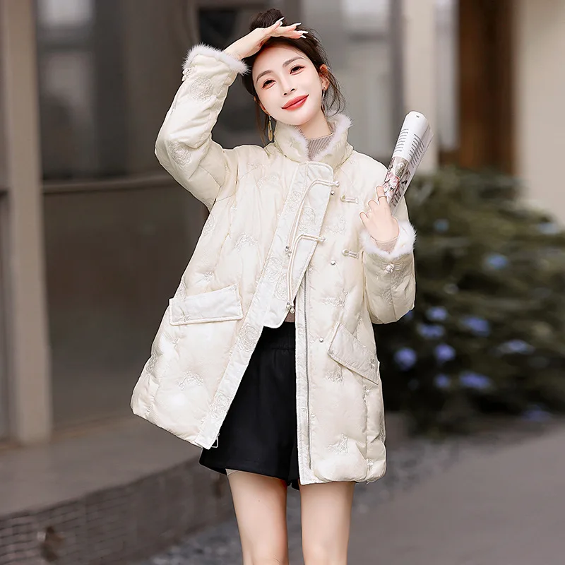 New Chinese Down Jacket Women Winter New Embroidery Mink Hair Disk Buckle White Duck Down Jacket Loose Thickened Warm Coat