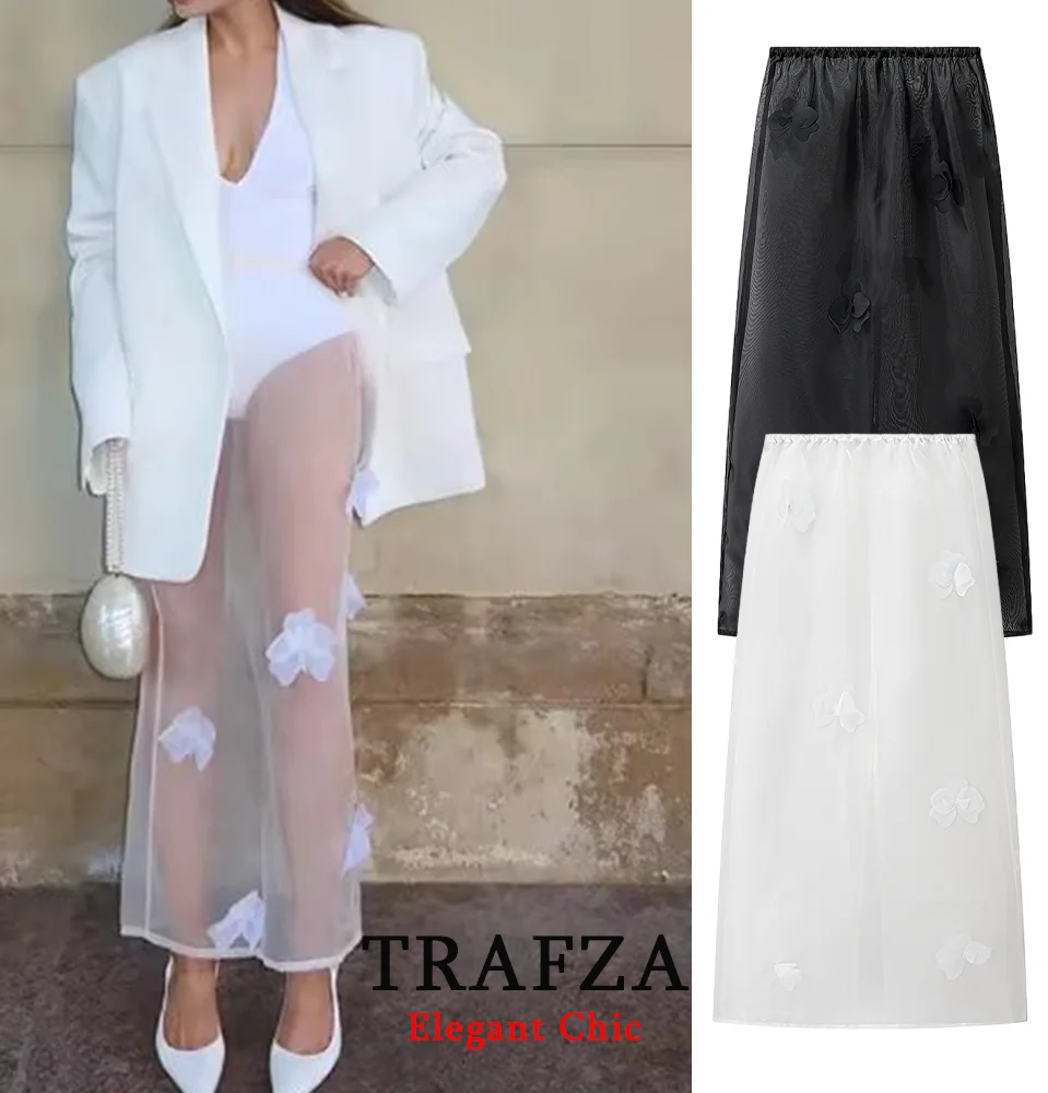 

TRAFZA Elegant Lady See-Through Skirts Flower-Decorated Slim Midi Skirts 2025 Spring Summer Fashion High Street Sexy Women Skirt
