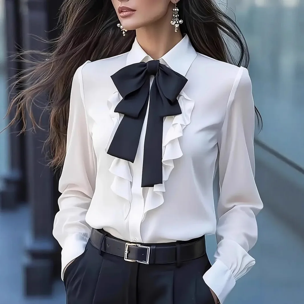 

Women's Lapel Contrast Color Bow Ruffle Long Sleeve Design Niche Mature French High End Daily Loose Fit Comfortable Casual Shirt