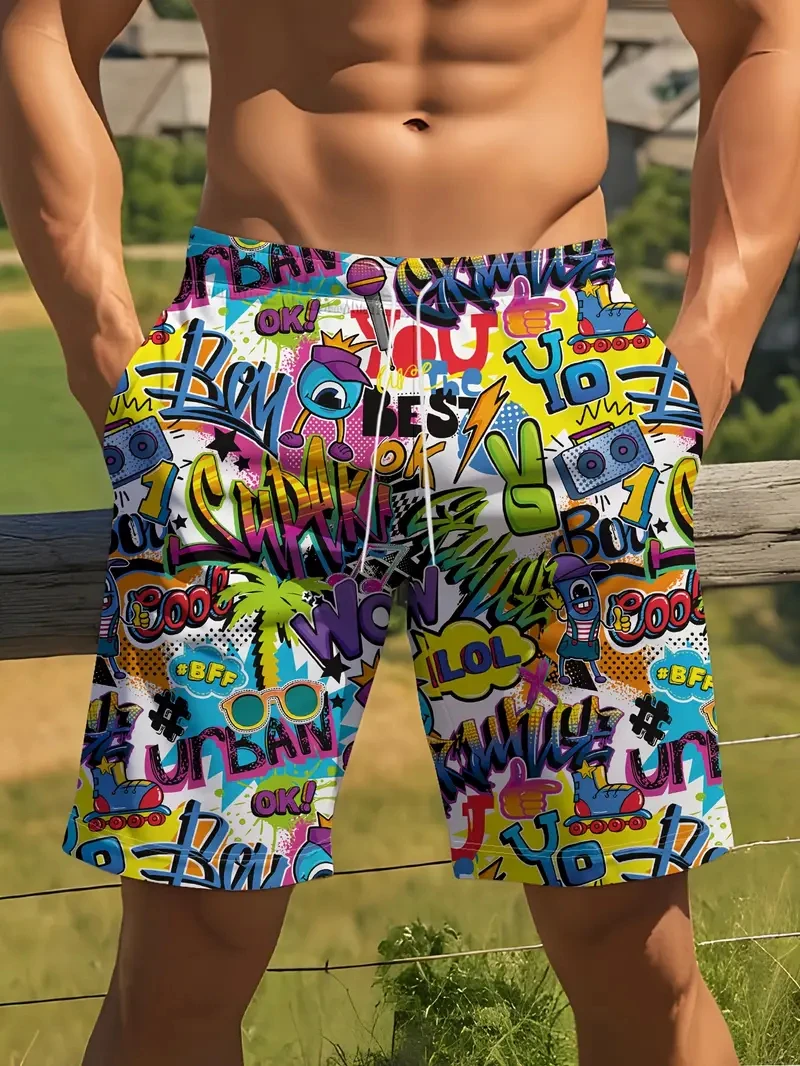 

Men's Shorts Fashion Graffiti Pattern 3D Printing Men's Casual Drawstring Shorts New Summer Leisure Quick Drying Sport Trunks