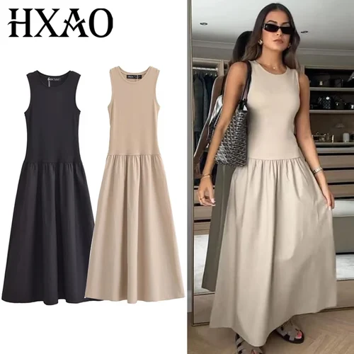 HXAO vestidos de punto 2025 mujer sin mangas vestido largo negro mujeres ceñido al cuerpo verano vestidos sólidos una pieza Midi vestidos casuales