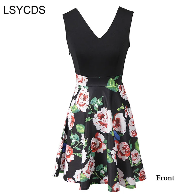 LSYCDS Summer V-Neck Mini Dress Women Elegant Patchwork Sleeveless Retro Vintage Party Dresses