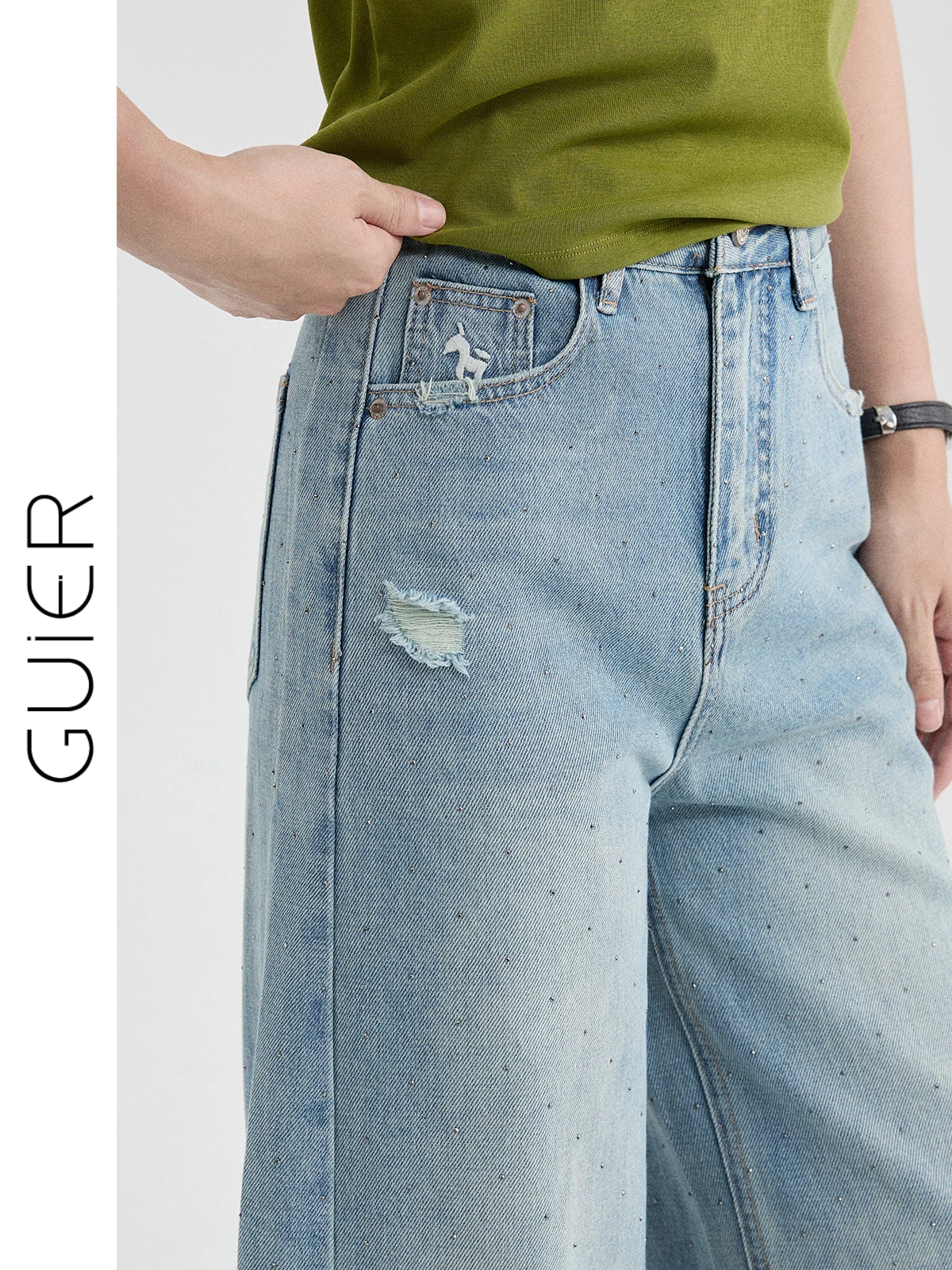 

Летние женские свободные джинсы с высокой талией, широкие брюки с блестками и эффектом потертости, украшенные стразами, в стиле distressed